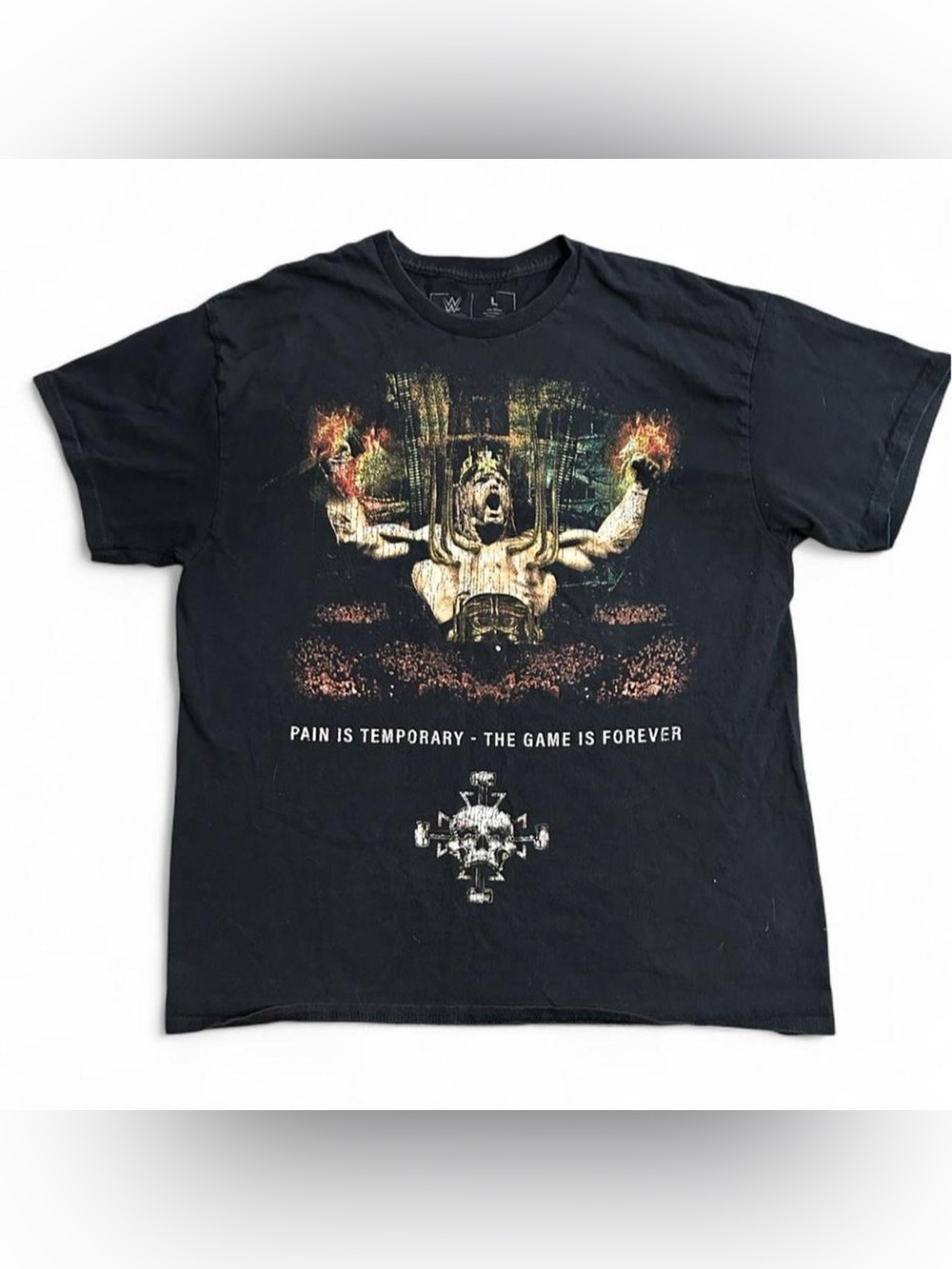 Vintage WWE Triple H "The Game" T-Shirt Size Large Black Skull Cross Barbells